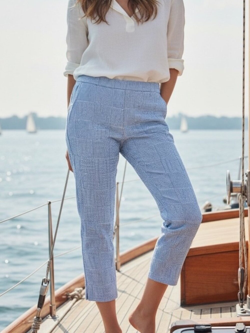 Cape Madras Blue White Seersucker Patchwork Cropped Pants Cotton Preppy Size 14